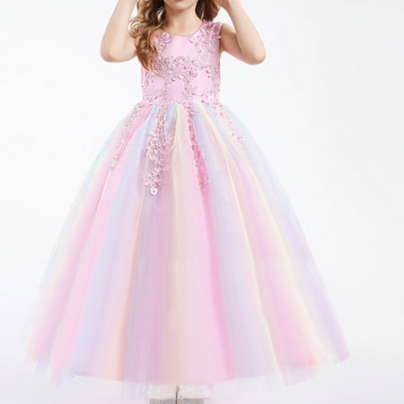 

YWDJ 5Y-8Y Girl Flower Tulle Dress Princess Pageant Birthday Party Wedding Formal Floor Long Dance Evening Maxi Gown Pink 7Y