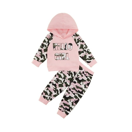 

Canrulo Toddler Baby Girls Clothes 2pcs Letter Camouflage Printed Hooded Pullover Tops+Long Pants Set Pink 3-4 Years