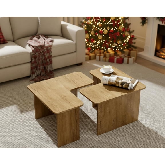 VESCASA Modern L Shaped Nesting Coffee Table Set of 2 Modular Rectangle Walnut Wood Table for Living Room