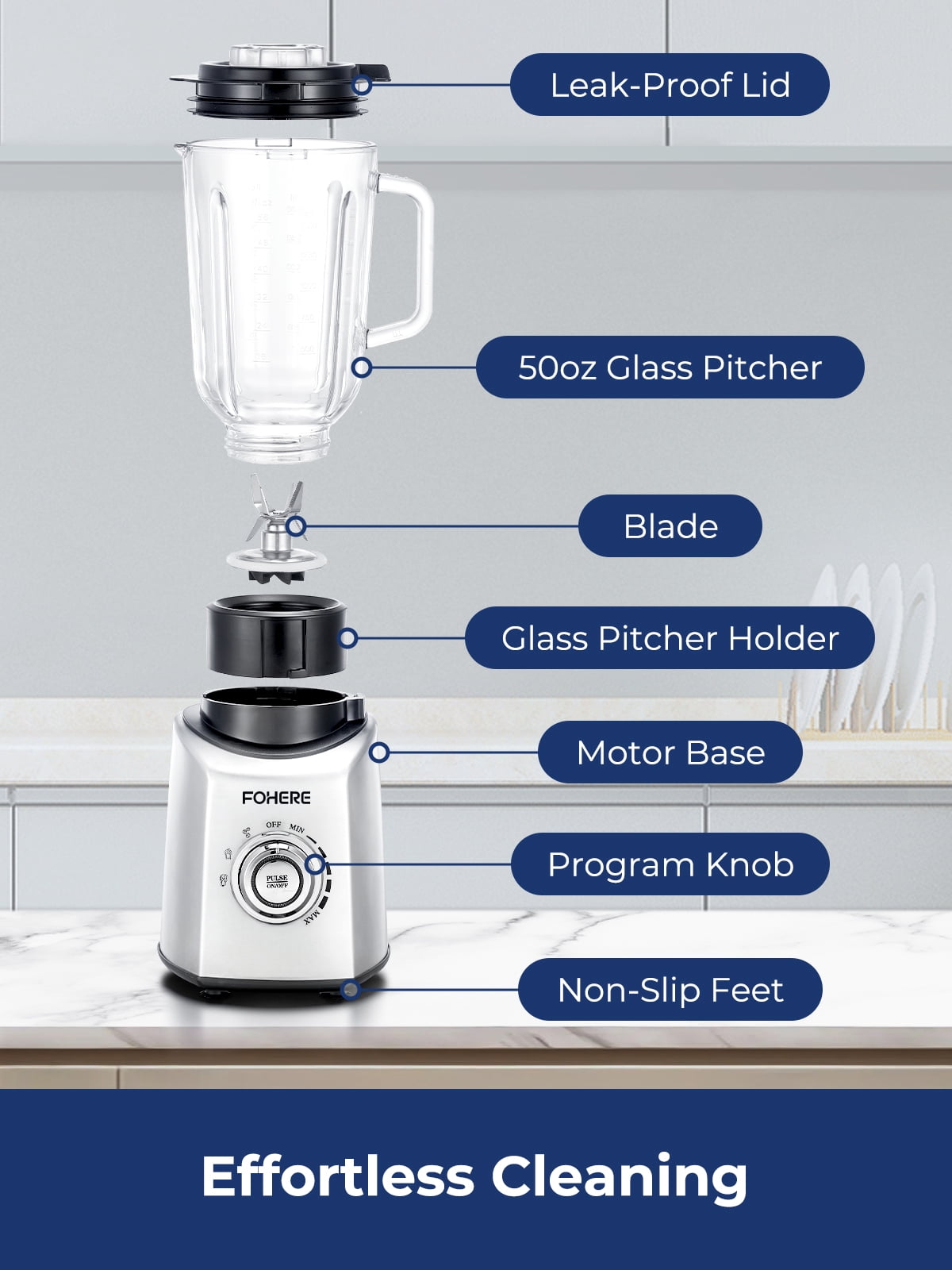 FOHERE Professional Countertop Blender, 50Oz Glass Jar, 1300W Peak Power, BPA-Free, Smoothie Maker with Presets & 5 Speeds, 20Oz Tritan to-go Cup, Ice Crusher for Home Use