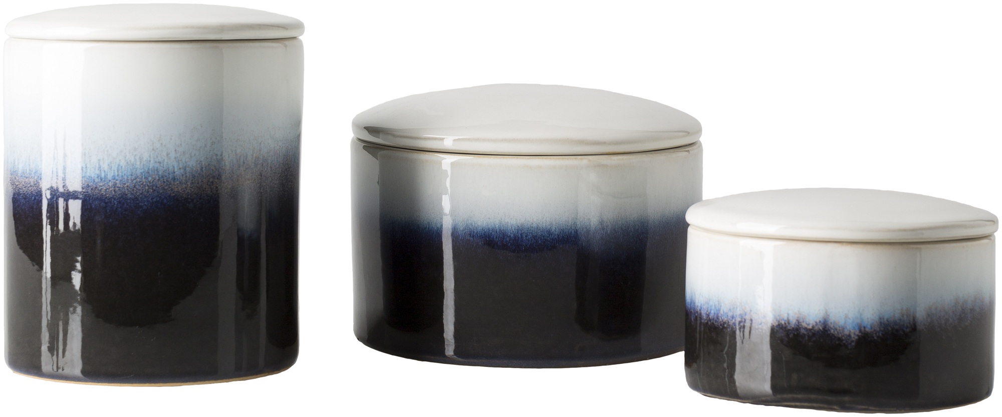 Set of 3 Navy Blue and White Cylindrical Shaped Canisters 6.25