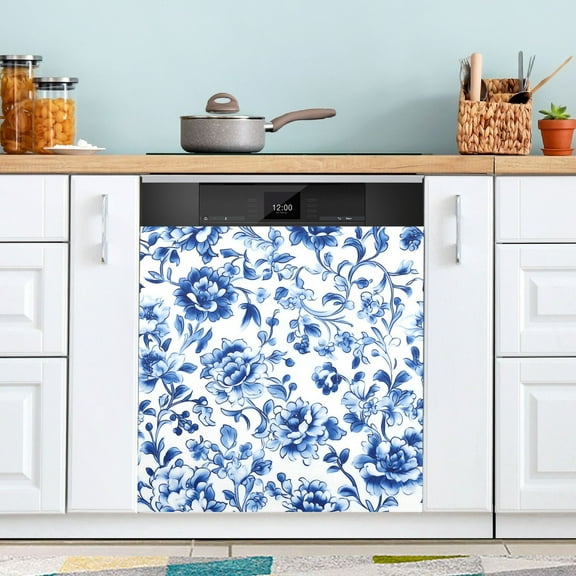 Haosy Dishwasher Magnet Cover Magnetic Fridge Door Cover Home Kitchen Decor Blue and White Porcelain Floral 23"x 26"