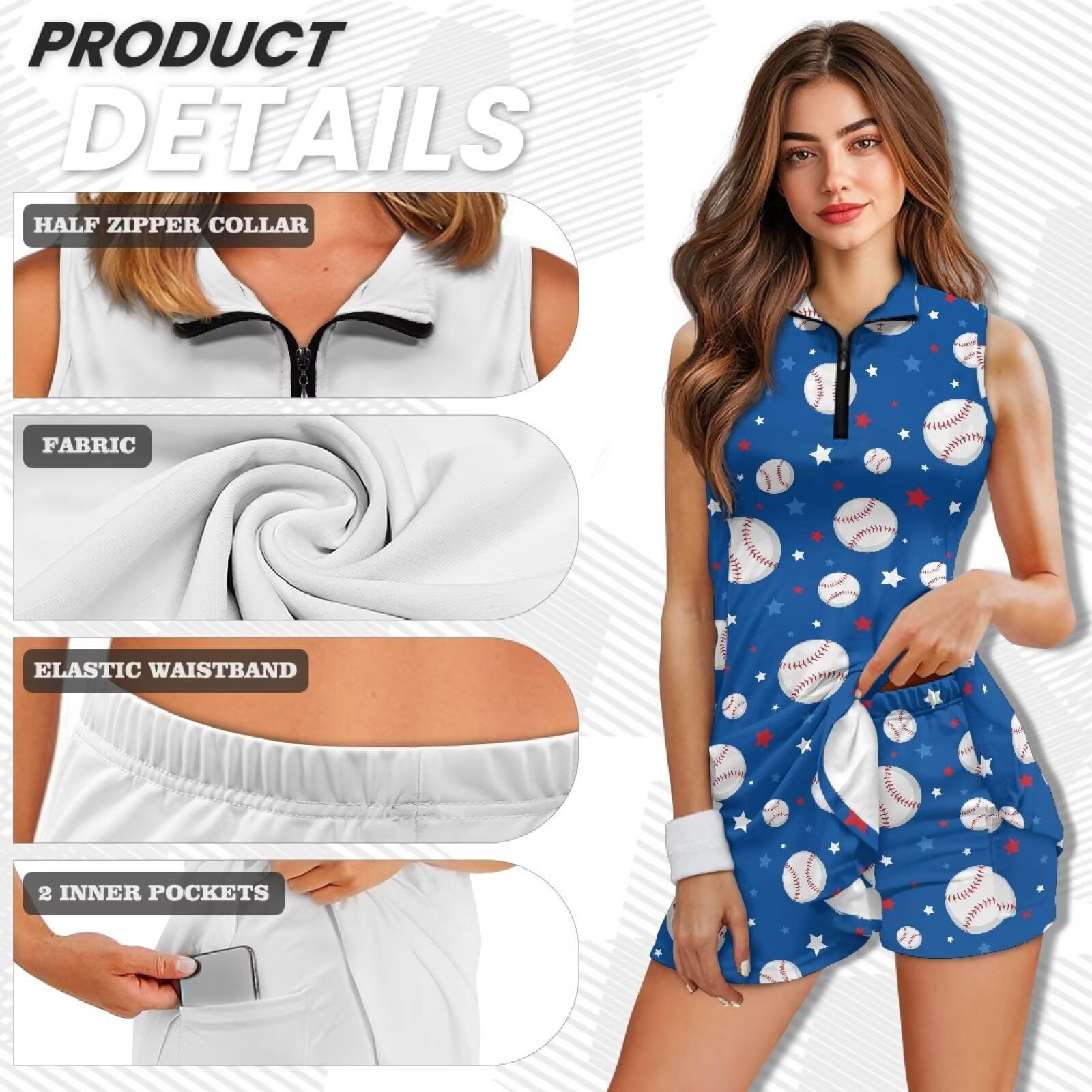 Yuyamidu Baseball Womens Workout Golf Dress Comfortable Womens Tennis Golf Dress Sleeveless Moisture Wicking Workout Dresses with Built-in Shorts Summer Clothes Size S