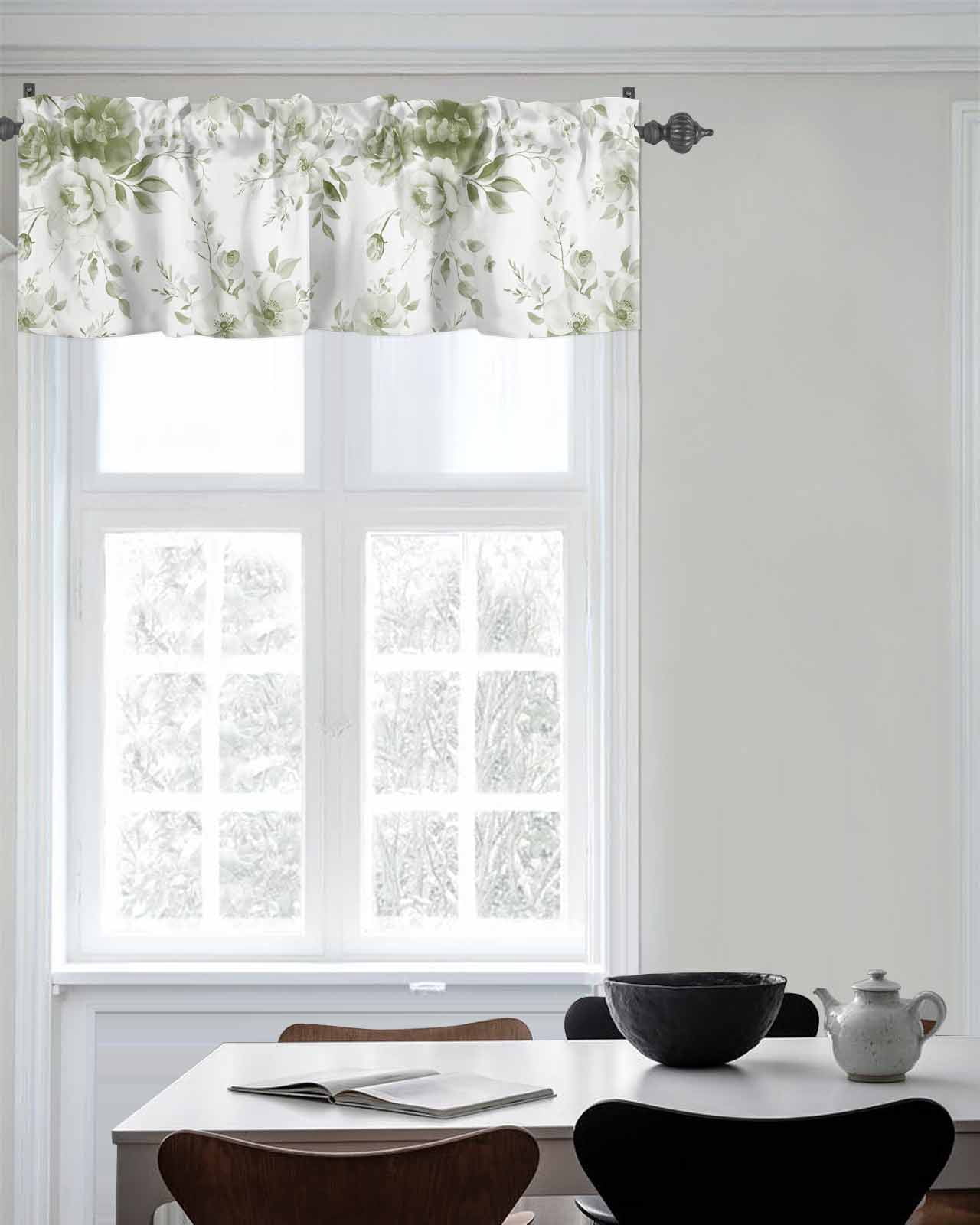 Vintage Sage Green Blossom Flower Curtain Valances for Kitchen Windows,Rod Pocket Short Valance Watercolor Floral Leaves Window Treatment for Living Room Bathroom Bedroom,54" x 18"-1 Panel