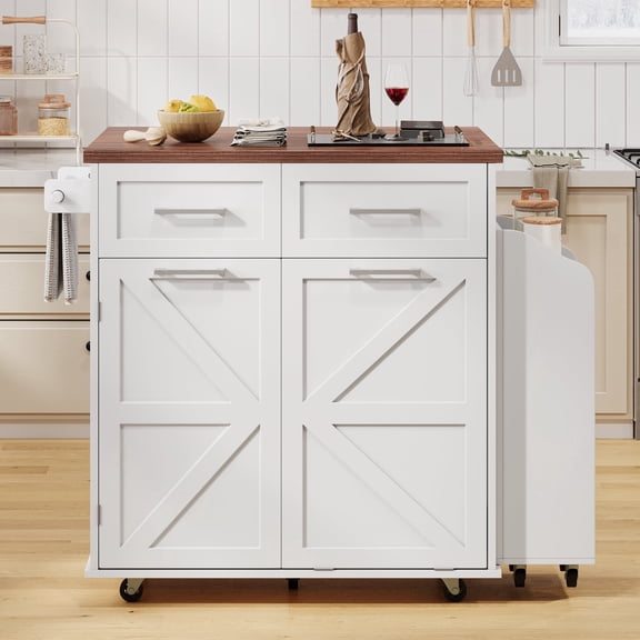 TesNus 47.2 Inch Farmhouse Kitchen Island Cart with Drop Leaf Storage Drawers and Wheels in White for Kitchen