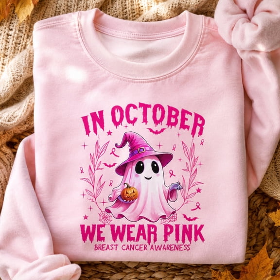 Breast Cancer Awareness Shirt, In October We Wear Pink Sweatshirt, Cute Halloween Ghost Hoodie and T-Shirt, Pink Ribbon Support Gift for Women