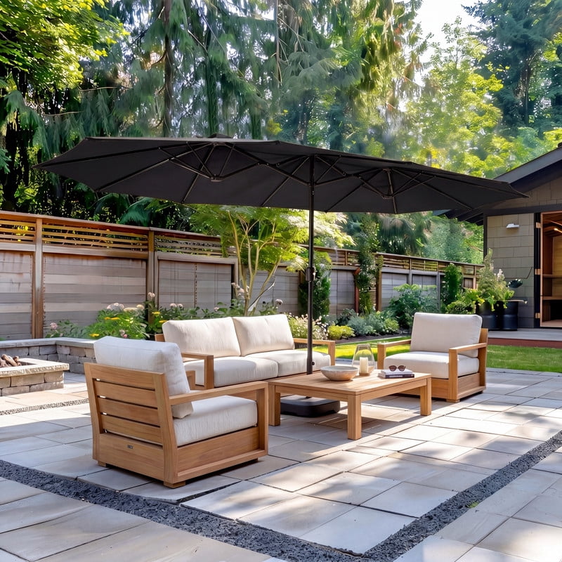 Meetleisure 15FT Large Patio Umbrella with Base Included, Outdoor Double Sided Rectangle Umbrella, Crank Handle, 12 Sturdy Ribs, for Deck Porch Pool, Black