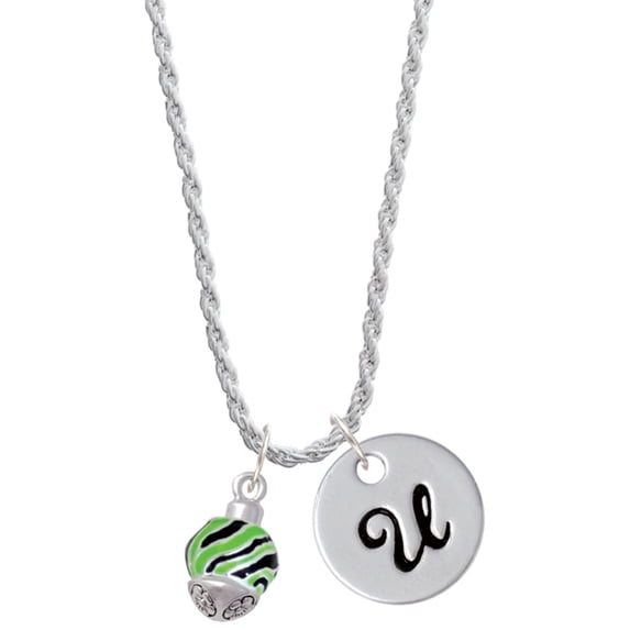 Delight Jewelry Silvertone Wide Lime Green Zebra Print Band Spinner Silvertone Script Initial Disc - U - Charm Necklace, 20"+3"