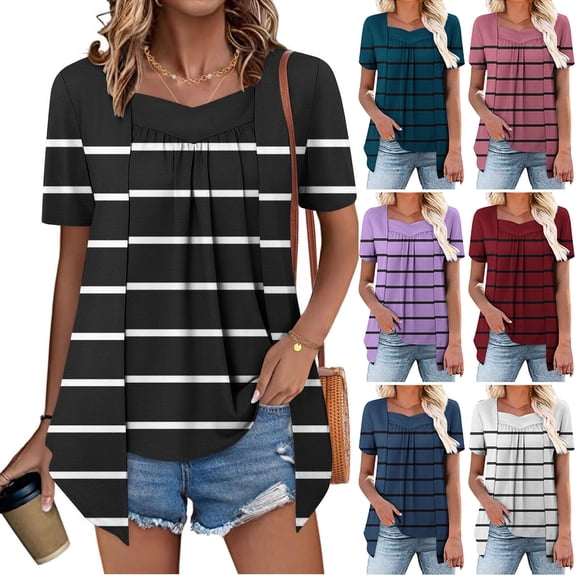 HomeDM Womens Crew Neck Short Sleeve Tops Summer Casual Pleated Stripes Color Block T Shirts Trendy Tunic Tops