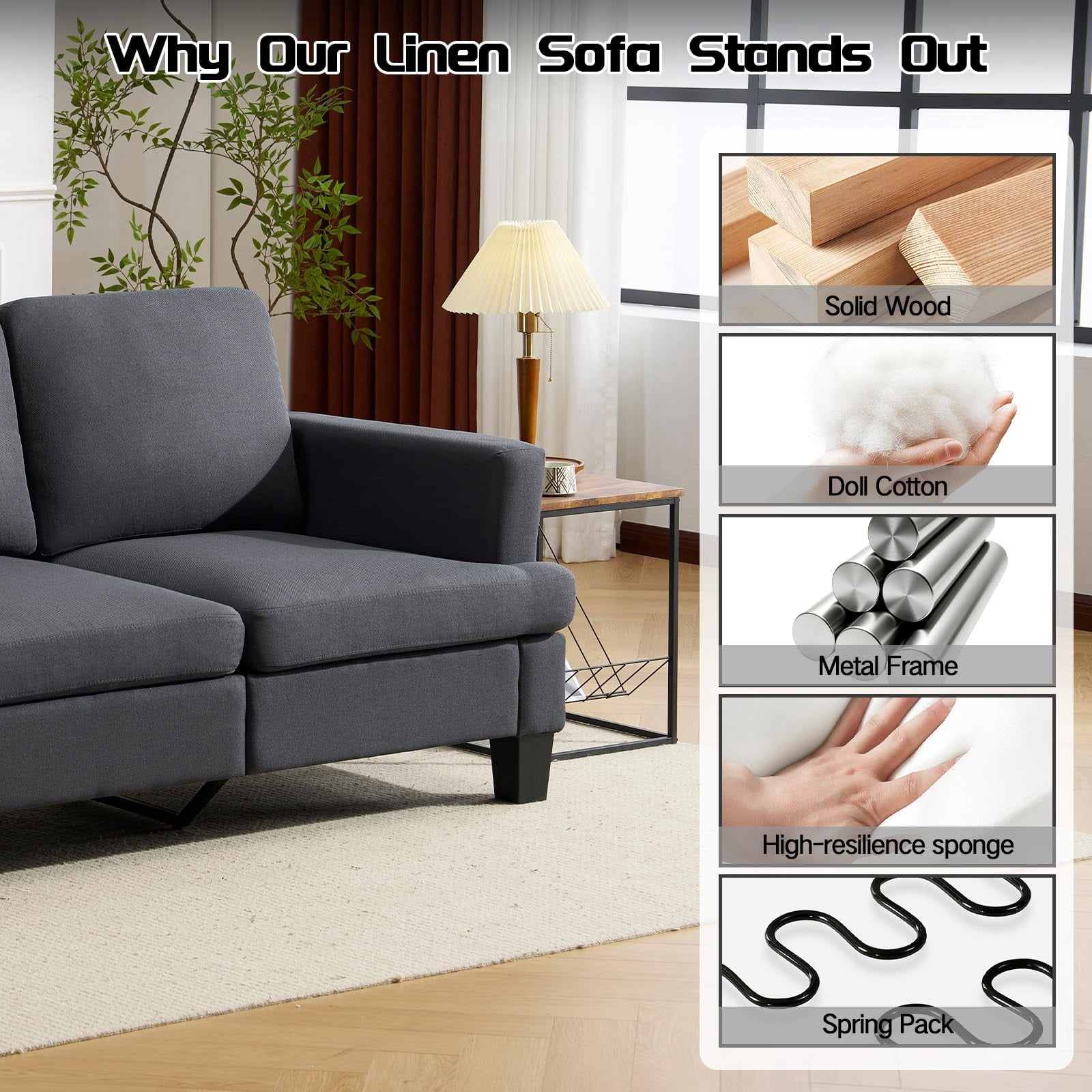 84" Mid Century Modern 3 Seater Sofa Couch, Deep Seat Upholstered Sofa with Armrests, Comfy Linen Couch for Living Room, Bedroom, Apartment & Office, Dark Gray