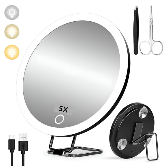 HIBIBUD 2026 New 5X Magnifying Mirror with Light-Large 6" Rechargeable Lighted Makeup Mirror with 3 Color Modes,Suction Cups&Table Stand