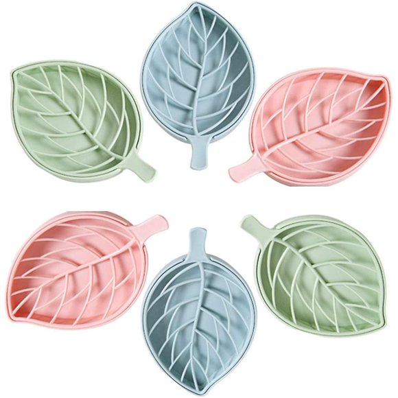 6 Pcs en Plastique Forme de Feuille Savon Boîte à Vaisselle Savon Plaque de Rangement Porte-Plateau Conteneur pour Salle de Bain Cuisine Comptoir Ou Évier (Bleu, Rose, Vert)