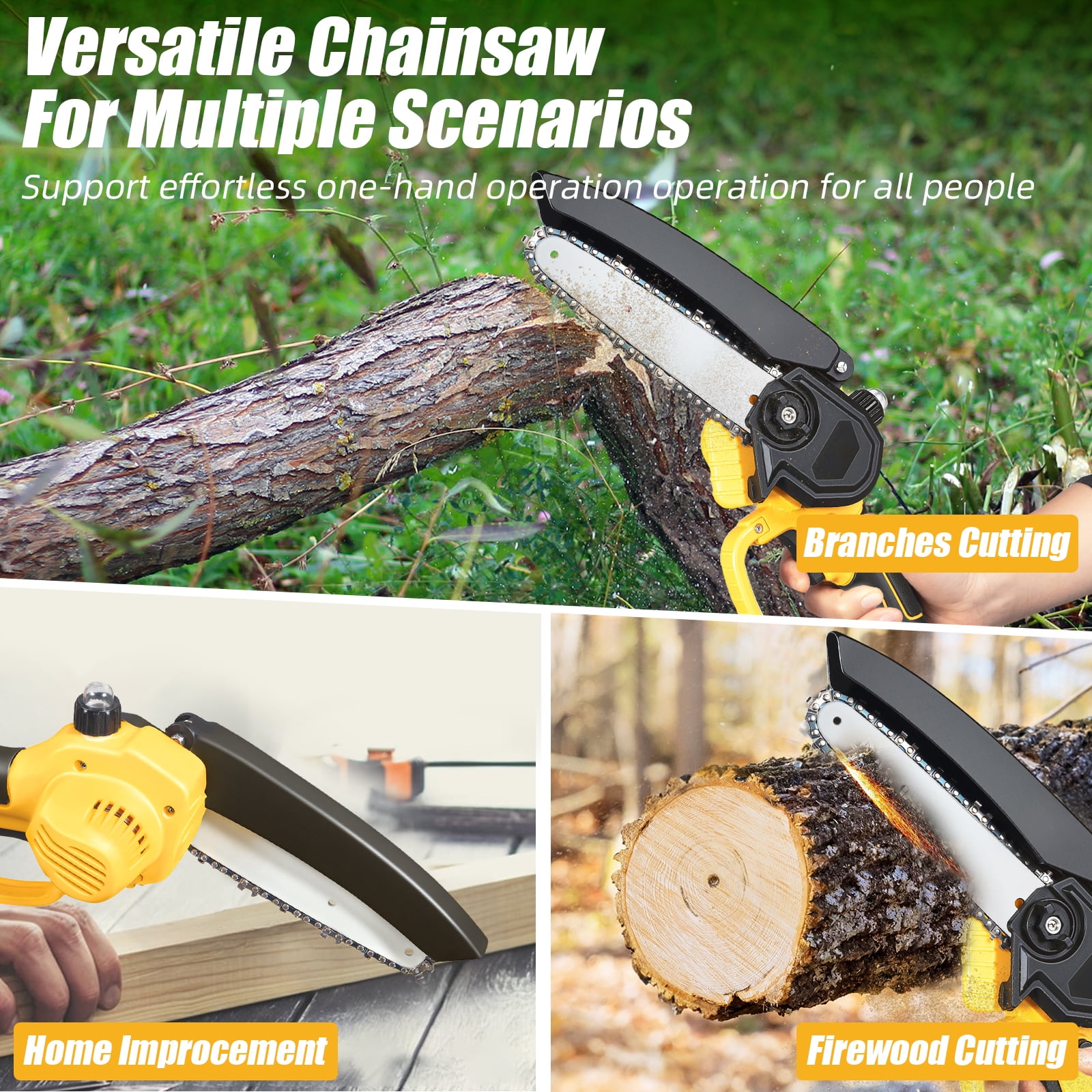 Paddsun Mini Chainsaw, 6 Inch 21V Cordless Electric Chainsaw Portable Handheld with 2 Batteries 2 Chains