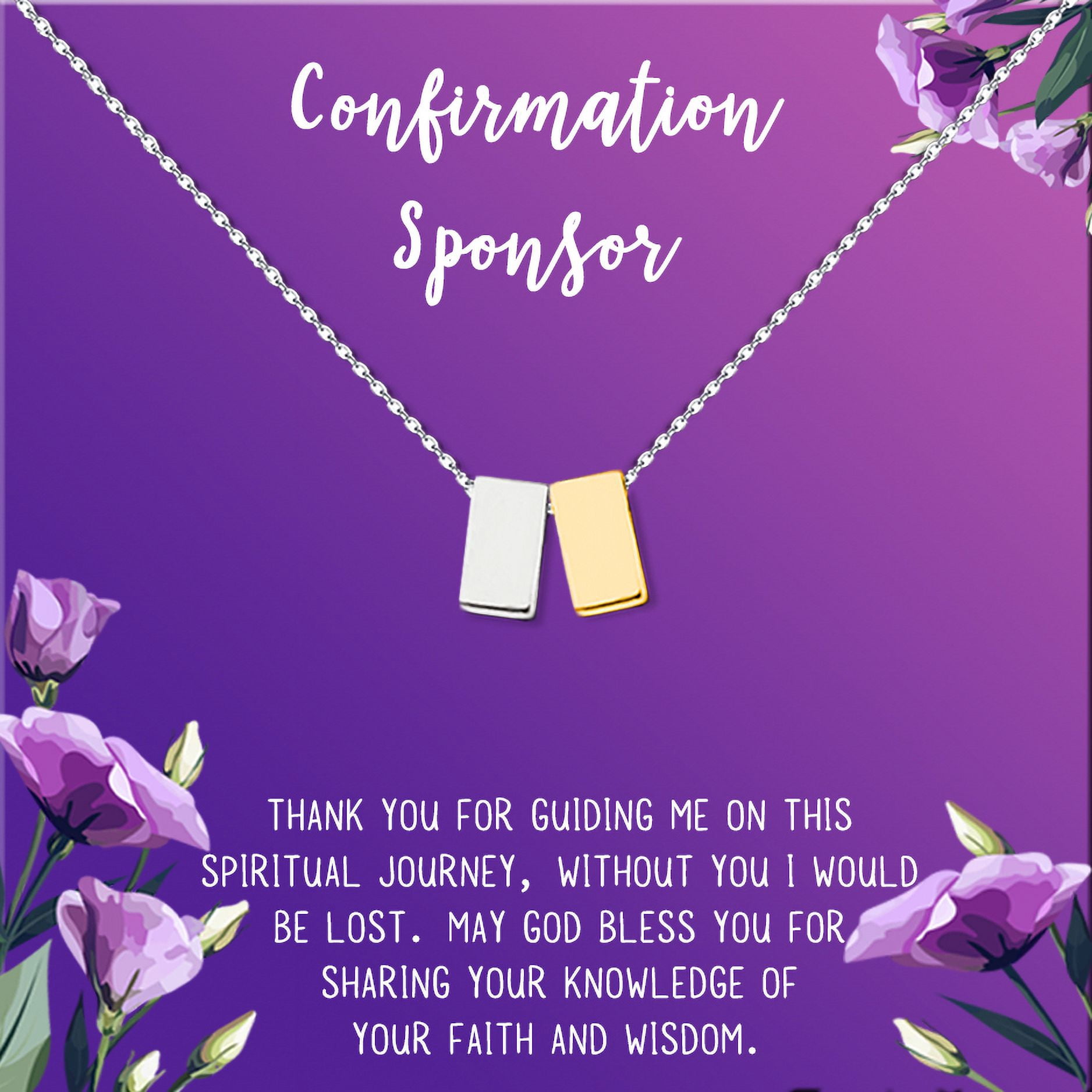 Anavia Confirmation Sponsor Gift for Women, Gifts for Sponsors, Baptism Gift, Goddaughter Gift, Thank you Religious Sponsor Gifts Card Necklace-[Silver and Gold Double Cube, Royal Purple Gift Card]