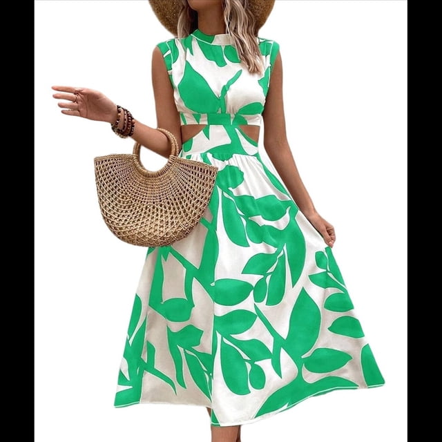 Vestido de Verano para Mujer, Estampado Floral, Mangas Murciélago Recortadas, Cuello Redondo, Corte A, Cintura Alta, Midi Verde L
