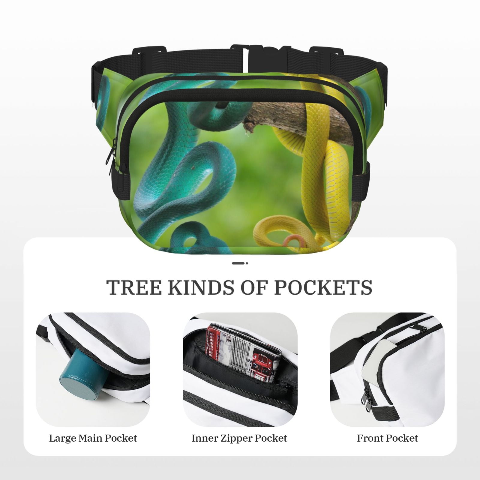 Picia Blue Viper And Yellow Viper Snake Print Square Double-Layer Waist Bag Mini Adjustable Waist Belt Bag Exercise Running Travel Hiking