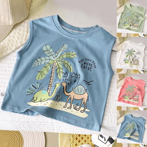 BXSRUTA Boys' Ages 1-12 Sleeveless Round Neck T-Shirt Top Soft Breathable Polyester Fun Print for Spring Summer Casual Daily Wear