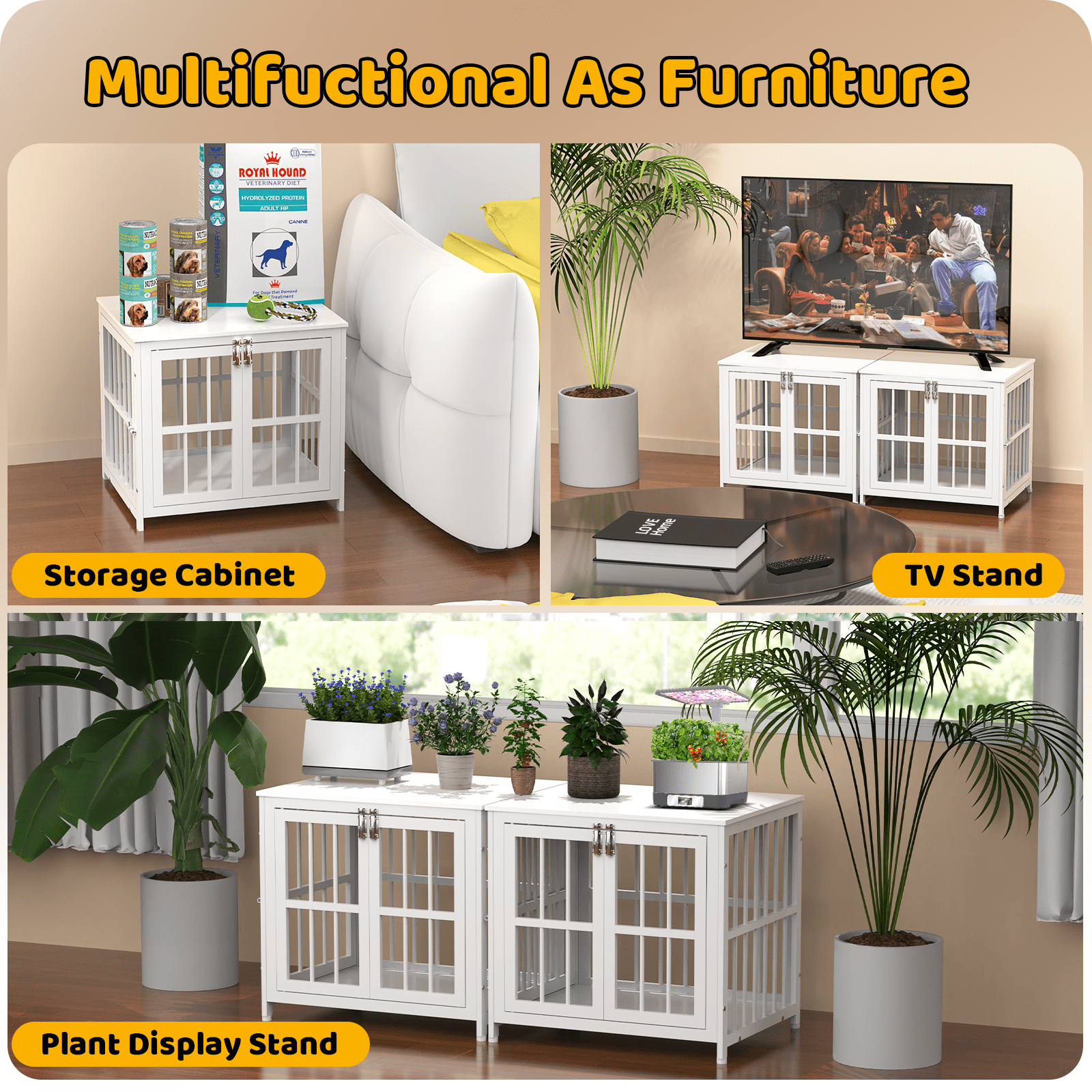 Ironovahome 26" Heavy Duty Dog Crate Furniture, Chew-Proof & Escape-Proof Wooden Dog Cage with Safe Locks & Double Doors, Indoor Dog Kennel Pet House for Small Dogs Up to 10lb, White