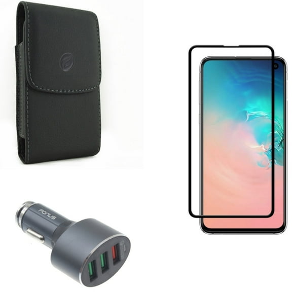 Galaxy S10e Case Belt Clip w Screen Protector w Quick Car Charger - Leather Holster Cover, Tempered Glass 5D Curved Edge, 42W 3-Port USB Power for Samsung Galaxy S10e Phone