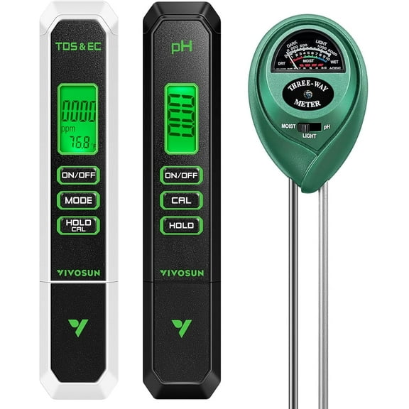 VIVOSUN Digital pH Meter, 3-in-1 TDS/EC/Temperature Meter, 3-in-1 Soil Moisture/pH/Light Tester Combo for Home, Garden and Hydroponics