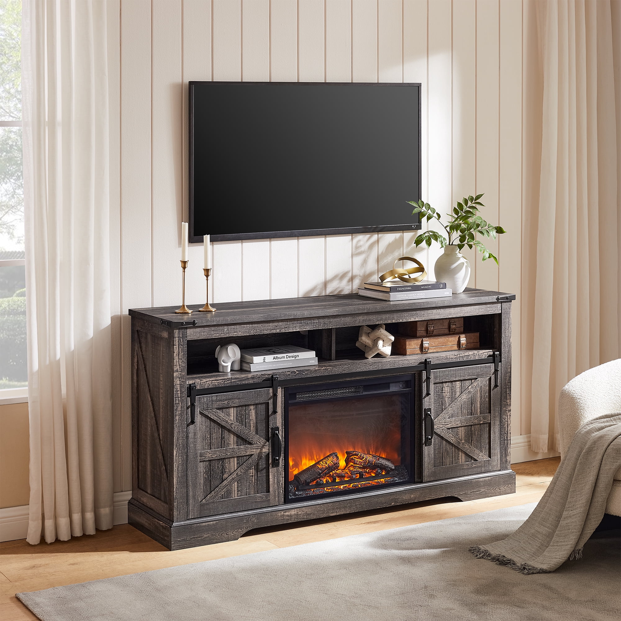KeyWhat Farmhouse Fireplace TV Stand for TVs up to 70", 24" Electric Fireplace & Barn Door