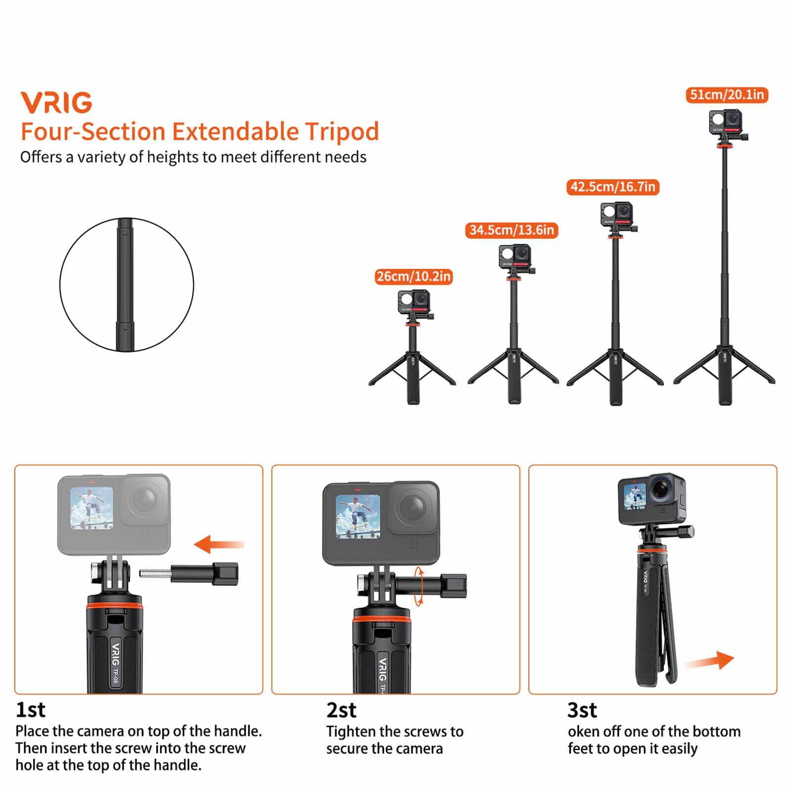 VRIG TP-08 Portable Selfie Stick Handheld Tripod Stand For GoPro Hero 12/11/10/9, For Vlog Live Streaming Selfie Video Recording