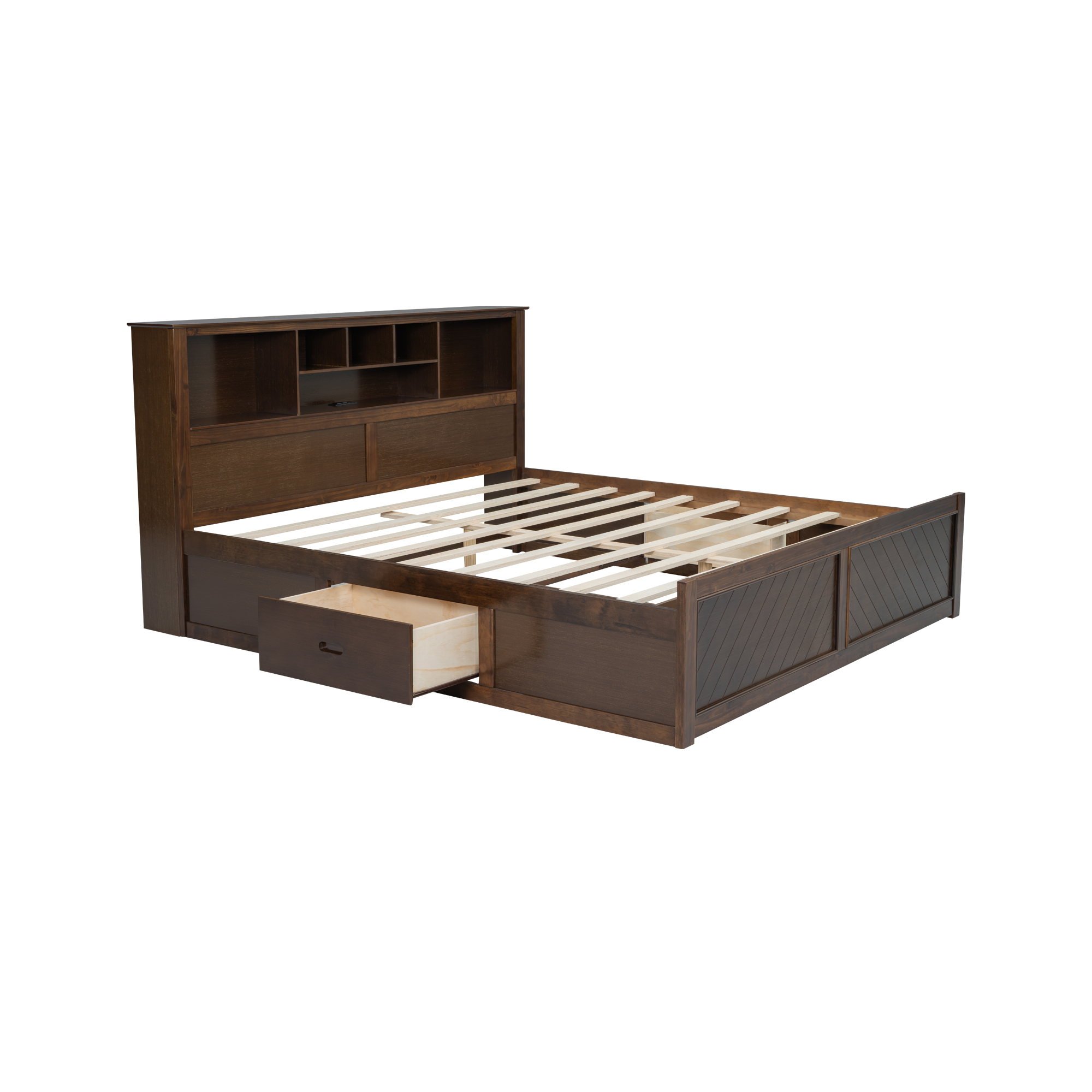 Euroco Wood King Size Platform Bed with Storage Headboard, Drawers and USB Charging Station, Wood