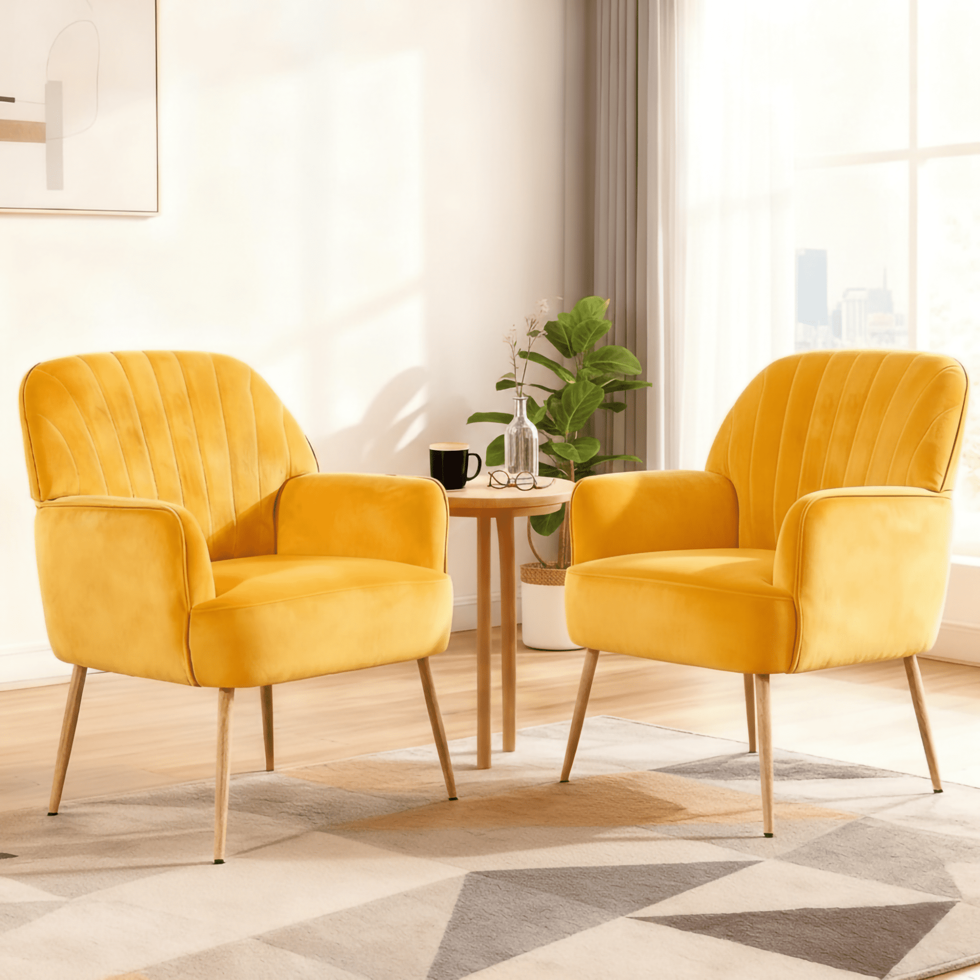 Mintazer Velvet Accent Chair with Shell-Shaped Backrest, Modern Upholstered Armchair with Metal Legs for Living Room & Bedroom, Yellow