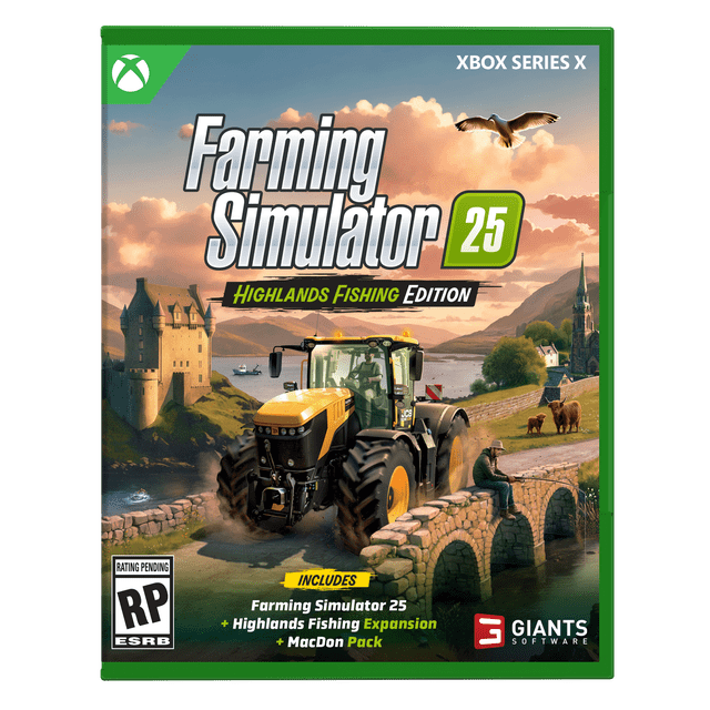 Farming Simulator 25 Highlands Fishing Edition Xbox Series X game cover showing a yellow and black JCB tractor crossing a stone arch bridge over a river, with a backdrop of Scottish-inspired green hills, a castle, a church steeple, grazing highland cattle, and a seagull flying in a partly cloudy sky.