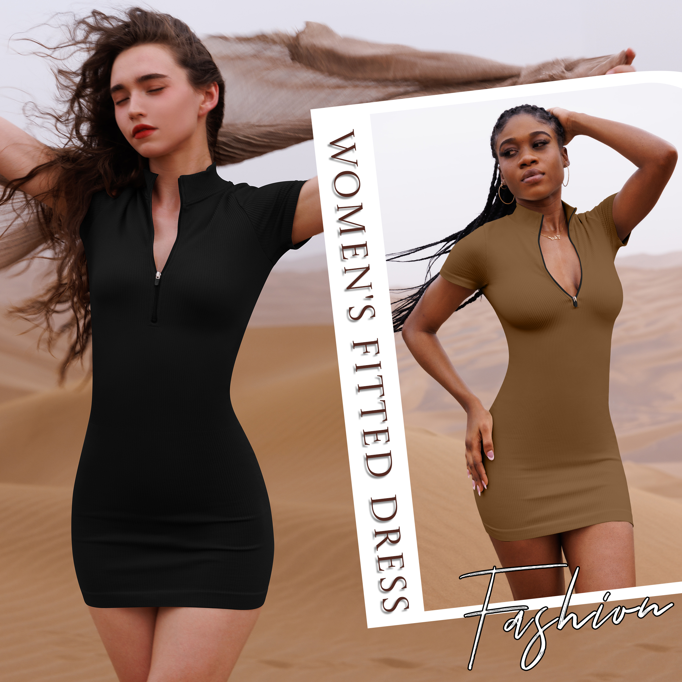OQQ Women's 2 Piece Dresses Sexy Ribbed Zip Front Short Sleeve Stretch Tops Mini Dress