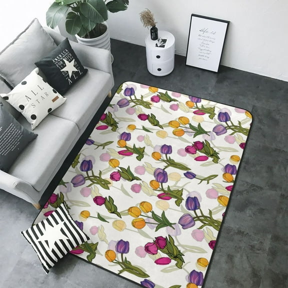 Area Rugs For Living Room Decor - Tulips Flowers Yellow Purple Soft Anti Slip Throw Washable Rugs 5x7 For Bedroom, Indoor Carpet For Bedroom Living Room 80x58In