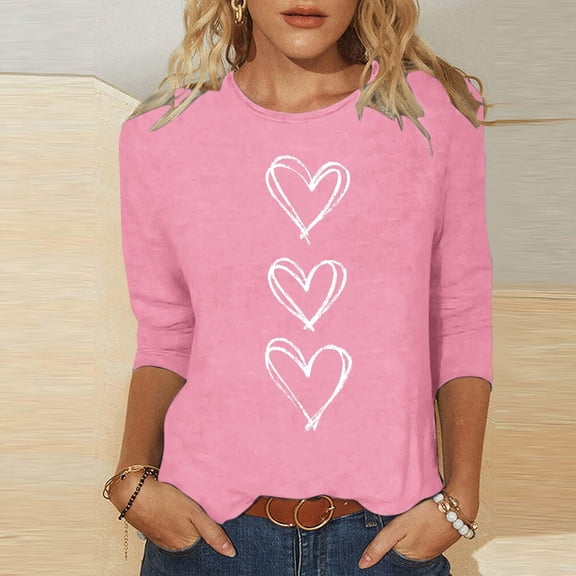 EchfiProm Shirts for Women Heart Printed T-Shirt Casual 3/4 Sleeve Valentines Day Elegant Pink Ladies Top