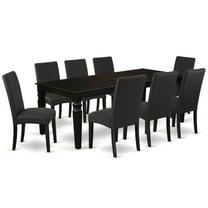 LGDR9-BLK-24 9Pc Rectangle 66/84 Inch Kitchen Table With 18 In Leaf And Eight Parson Chair With Black Finish Leg And Linen Fabric- Black Color