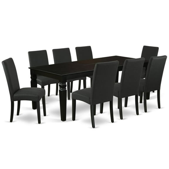 LGDR9-BLK-24 9Pc Rectangle 66/84 Inch Kitchen Table With 18 In Leaf And Eight Parson Chair With Black Finish Leg And Linen Fabric- Black Color