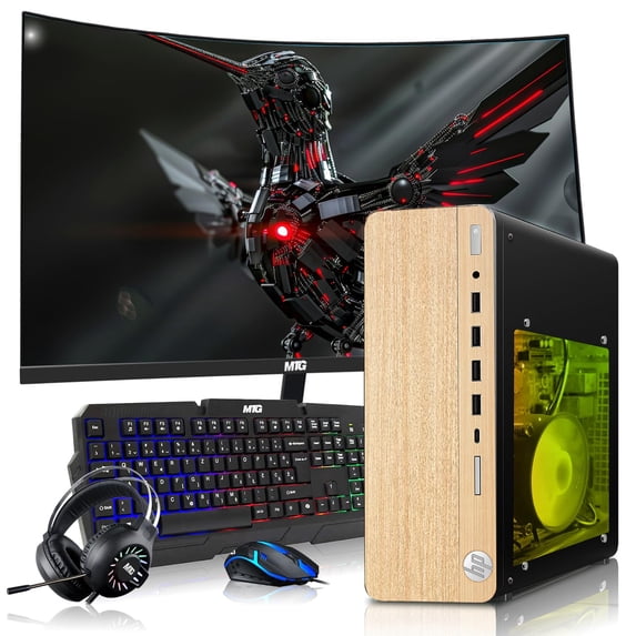 Restored HP Full Light Gaming PC Desktop Computer – AMD Pro A10-9700,RX 550 Graphics,8GB RAM,1TB SSD,27 Inch Curved Monitor,RGB Keyboard with AI Copilot,Mouse,WiFi,RGB Headphone,Windows 11