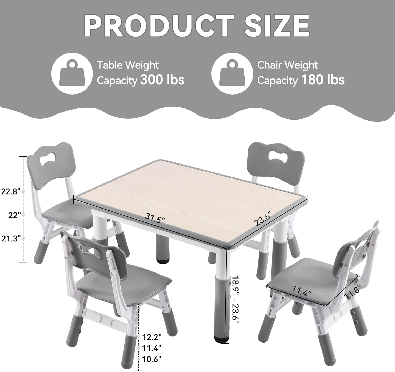 Kids Study Table and Chairs Set, Height Adjustable Toddler Table and Chair Set for Kids Ages 3-8, 31.5" L x 23.6" W Graffiti Desktop Plastic Children Art Table with 4 Seats, Grey