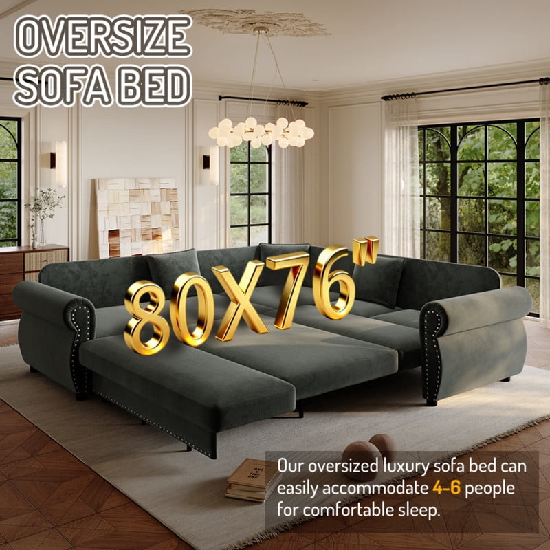 88.2" Sectional Sleeper Sofa with Pull Out Bed, Convertible Sleeper Couch with Nailhead Trim, 5-Seat Sectional Sofa Chenille Couch for Living Room Apartment