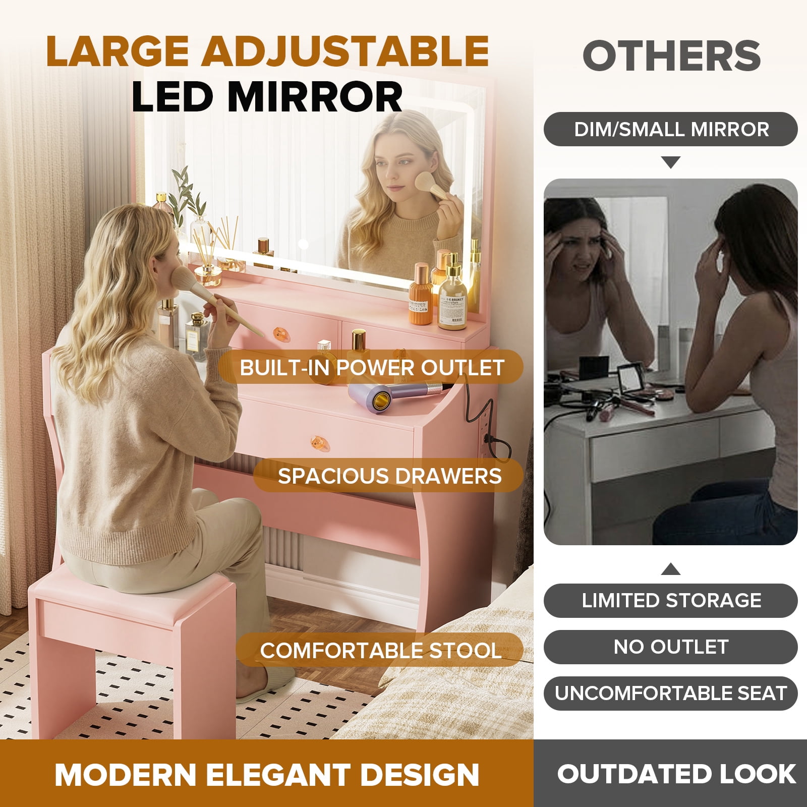 LUCKLIFE Pink Vanity Desk with Mirror and Lights, 5 Drawers & Charging Station, Vanity Table and Chair Set