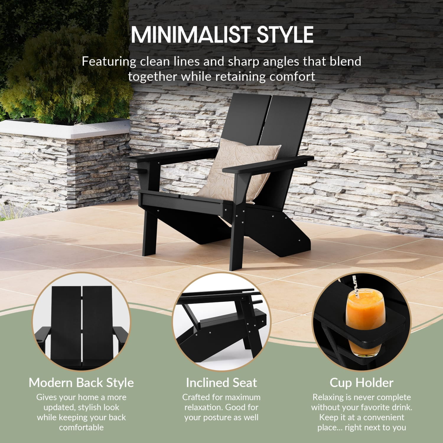 WestinTrends Riviera Outdoor HDPE Modern Adirondack Chair with Cup Holder (Set of 2), Black