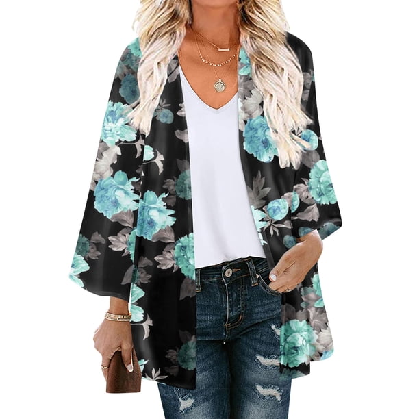 Cárdigan para mujer, estampado floral, manga abullonada, tipo kimono, holgado, de gasa, informal, para cubrirse