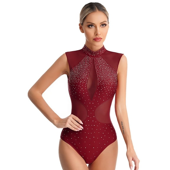 TiaoBug Women's Sleeveless Ballet Dance Leotard Shiny Rhinestone Gymnastics Bodysuit Dancewear Burgundy M