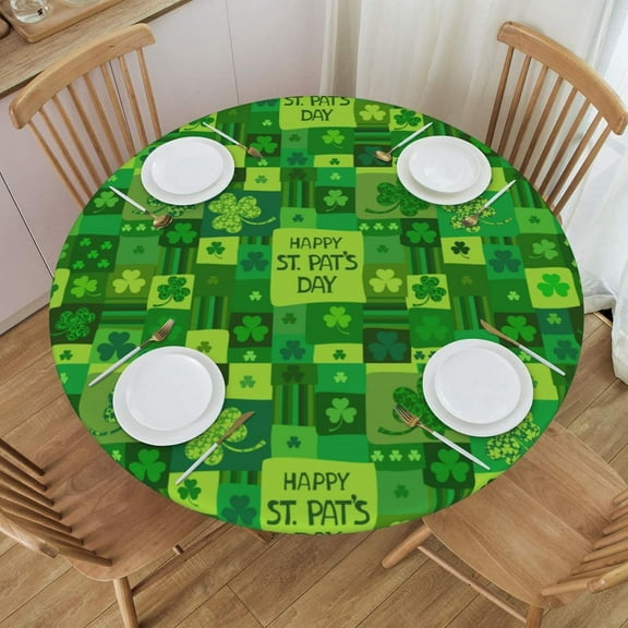 St. Patrick''s Day Green Shamrocks Tablecloth with Elastic Edge, Round Table Cloth Lucky Clovers Washable Reusable Table Cover for Kitchen Dining Party Picnic, Medium