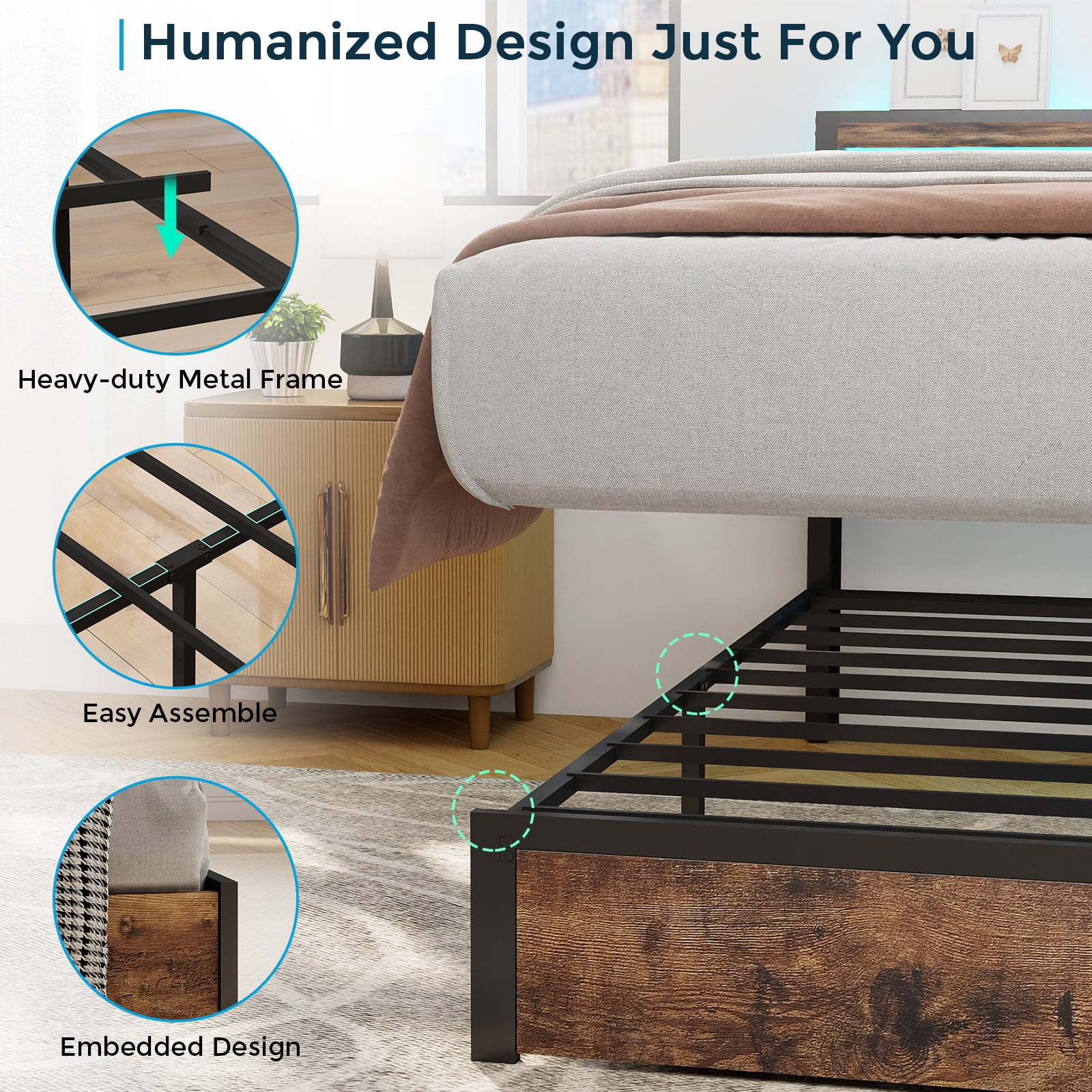 DRNANLIT Full Bed Frame with 2-Tier Storage Headboard, Metal Bed Frame with 2 Drawers & Built-in Charging Station & LED, Noise-Free, No Box Spring Needed, Easy Assembly,Brown