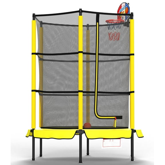 LANGXUN 60" Yellow Trampoline for Kids with Basketball Hoop, 5ft Indoor Outdoor Toddler Mini Trampoline with Raised Safety Net - Birthday Gifts for Boys and Girls, Christmas Toys for 3-10 Years Old