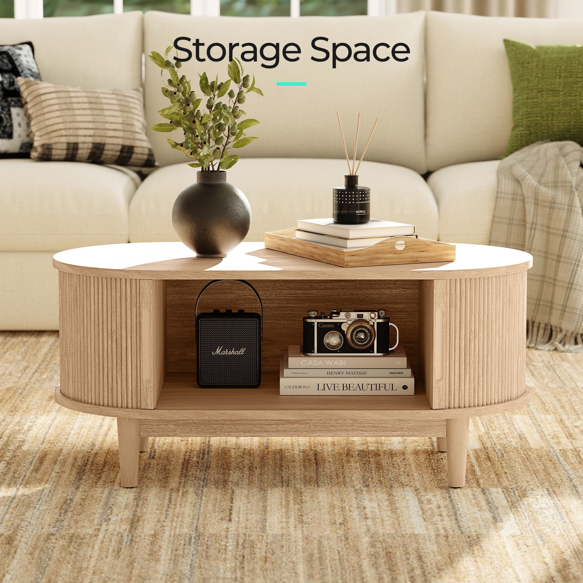 LINSY HOME Fluted Coffee Table with Storage, Mid-Century Coffee Table for Living Room with Sliding Tambour Door, Oak