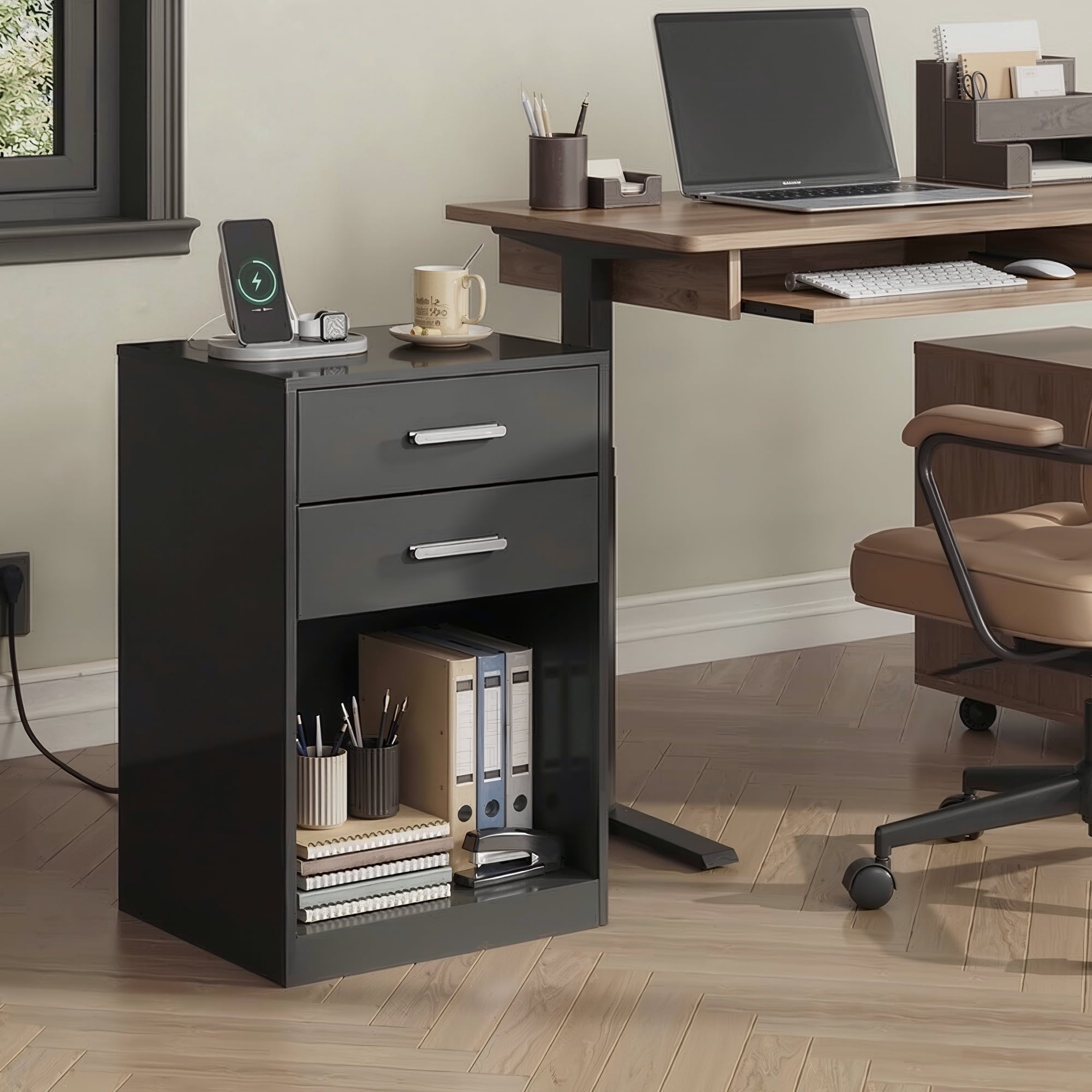 GALAXHERO Nightstand Set of 2 with Charging Station and 2 Drawers, Wood Bedside Table End Table with Open Shelf for Bedroom, Living Room, Black
