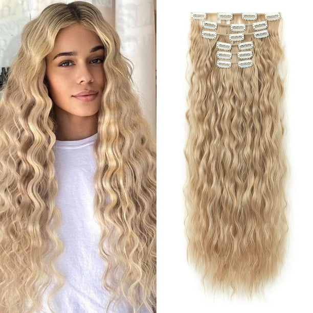 LONAI 6 extensiones de cabello con clip de 24.0 in, extensiones de cabello rubio, ondas largas de sirena, onduladas, sintéticas, con clip para mujeres, cabello negro natural para uso diario, fiesta (m
