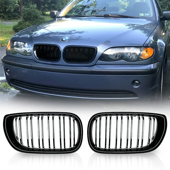 Astra Depot Dual Slats Front Kidney Grill Grille for 2002-2005 BMW E46 Sedan 4DR 325xi 330i LCI, Gloss Black, 1 Pair