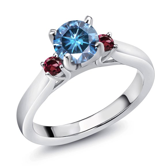 Gem Stone King 925 Sterling Silver Persian Blue Moissanite and Red Rhodolite Garnet 3-Stone Engagement Ring for Women (0.98 Cttw, Round 6MM, Gemstone Birthstone, Size 6)