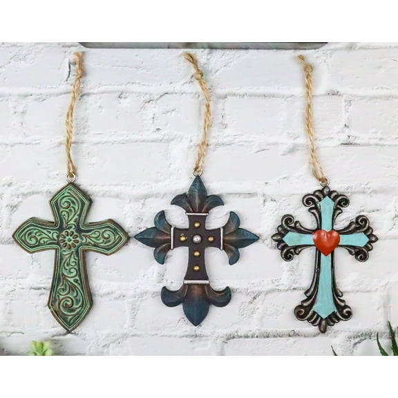 Pack of 3 Rustic Western Fleur De Lis Scrollwork Heart Plaque Cross Ornaments